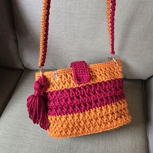 Hand-Crocheted Artisan Shoulder Bag – Cranberry & Pumpkin. 12"x9"